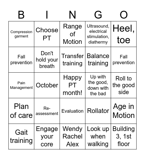 Physical Therapy Bingo Card