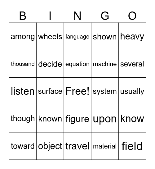 List 4/5 Fry Sight Word Bingo Card