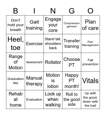 Physical Therapy Bingo Card