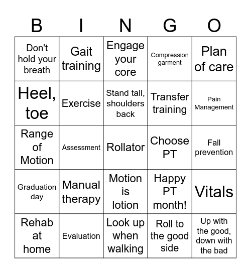 Physical Therapy Bingo Card