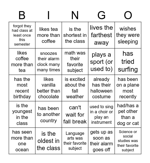 Class 6 Bingo Card