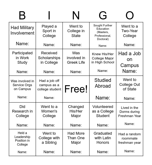 College Week Bingo Card