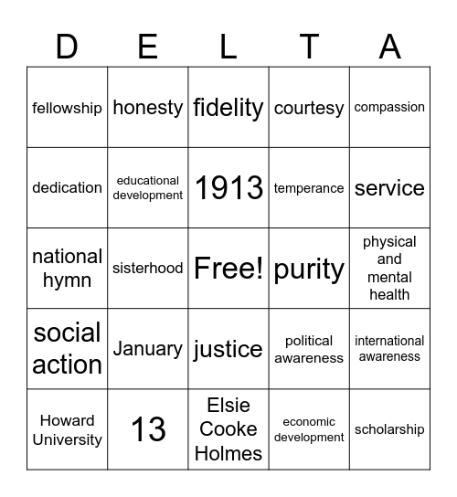 DELTA Bingo Card