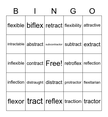 Root Words: flect/flex & tract Bingo Card