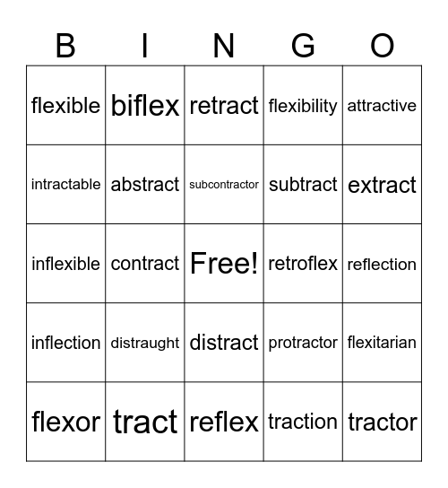 Root Words: flect/flex & tract Bingo Card