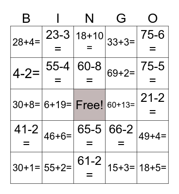 Math Review (addition & subtraction) Bingo Card