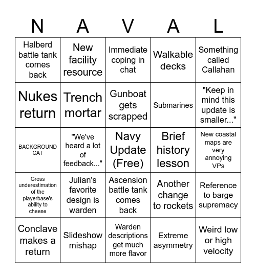 Naval Update Dev Stream Bingo Card