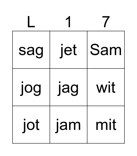 Word Box Lesson 17 Bingo Card
