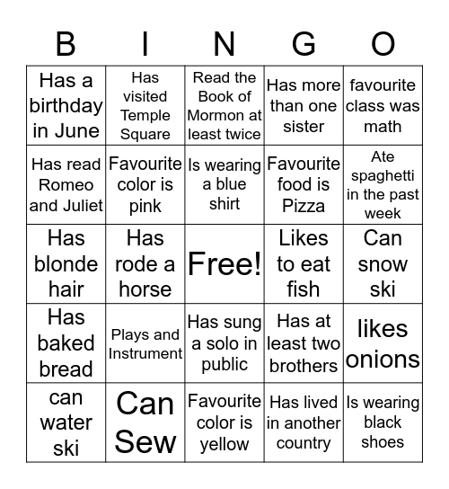 Relief Society Bingo Card