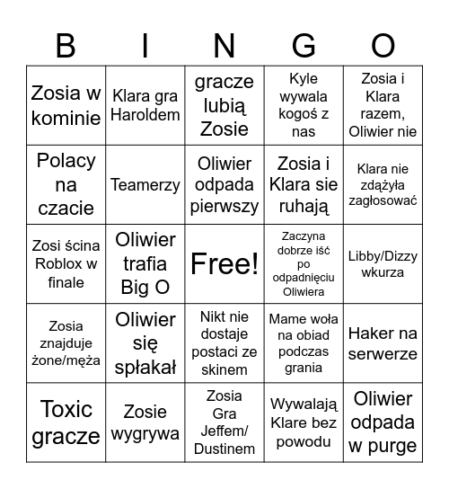 Total Drama Roblox Bingo Card