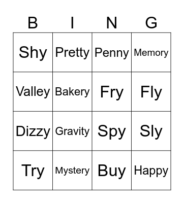 Spelling Week 6: Sounds of Y Bingo Card