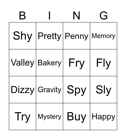 Spelling Week 6: Sounds of Y Bingo Card