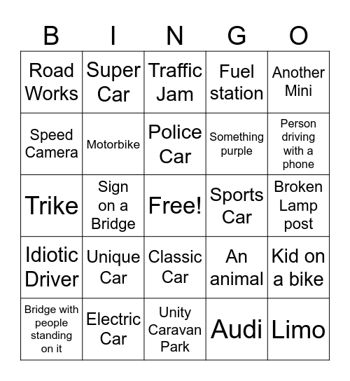 Car Journey Bingo Card