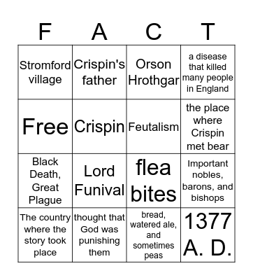 Crispin, The Cross of Land Bingo Card