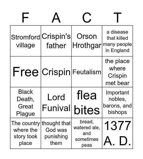 Crispin, The Cross of Land Bingo Card