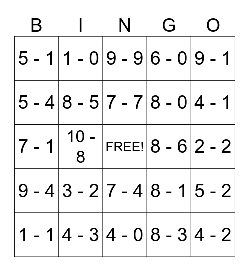 Subtraction Bingo Card