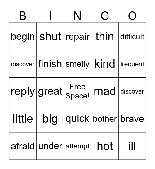 Synonym Bingo Card