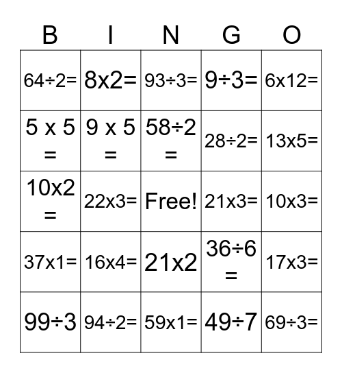 Math Review (multiplication & division) Bingo Card