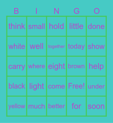 Sight Words Bingo Card