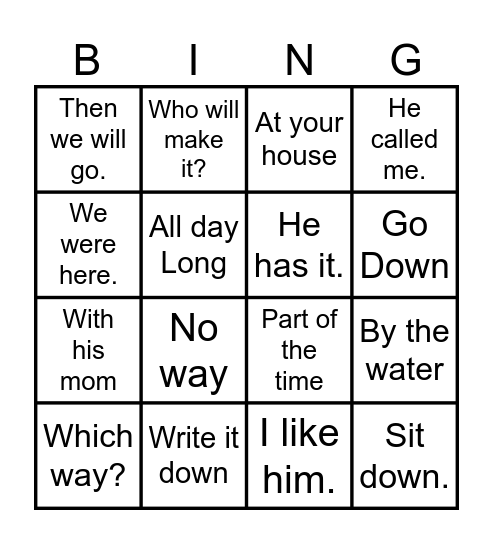 Sight Word Phrases Bingo Card