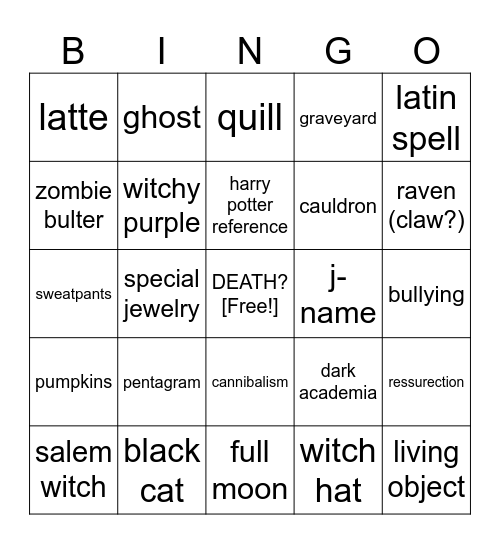 Over My Dead Body Bingo Card