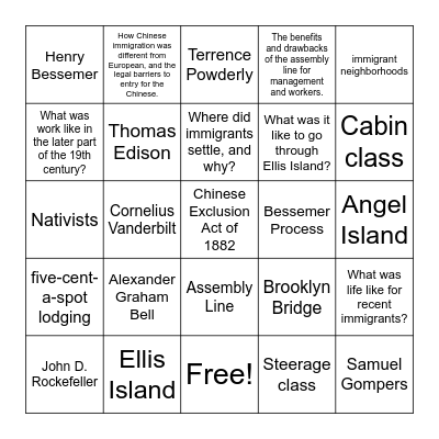 Industrialization & Immigration Review Bingo Card
