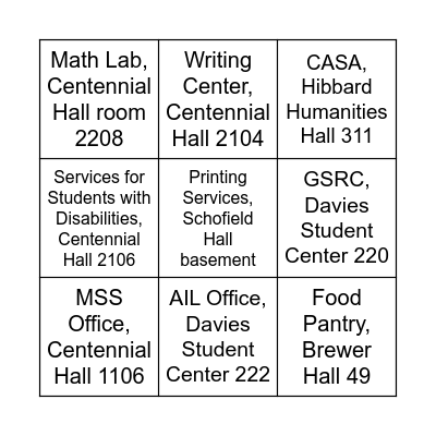 Crucial Campus Locations Bingo Card