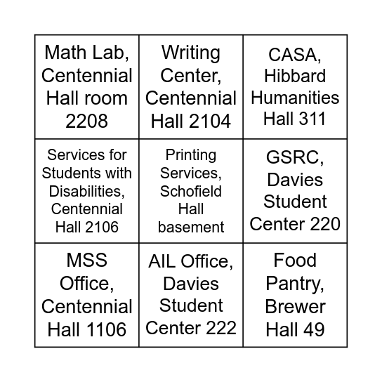 Crucial Campus Locations Bingo Card