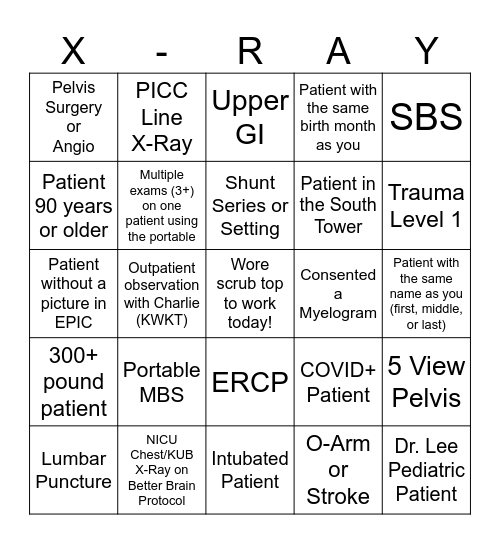 Rad Tech Week Bingo Card