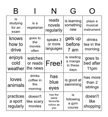 Find someone who Bingo - Present simple Bingo Card