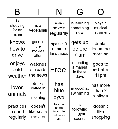 Find someone who Bingo - Present simple Bingo Card