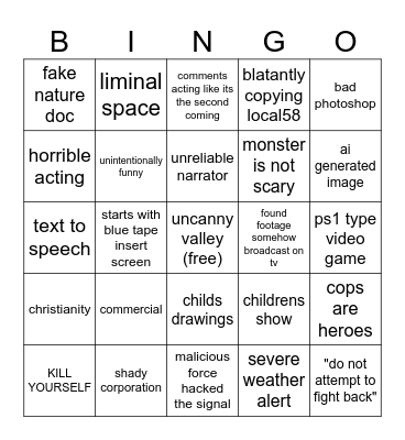 analogue horror Bingo Card