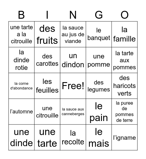 L'Action de Grace Bingo Card