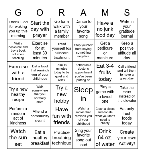 Wellness Wednesday Bingo Card