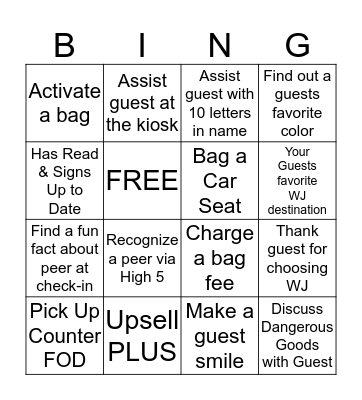 WESTJET CHECK-IN BINGO Card