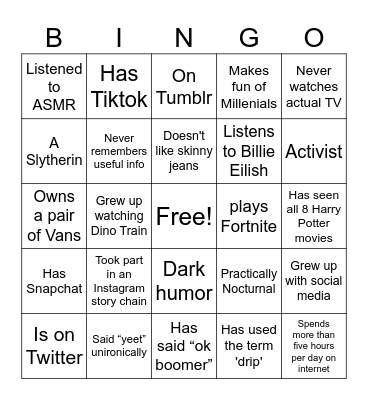 Gen Z bingo Card