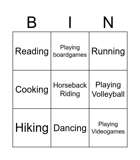 Indoor and Outdoor Activities Bingo Card