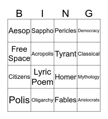 Chapter 8 Ancient Greece Vocabulary Bingo Card