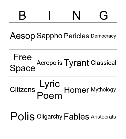 Chapter 8 Ancient Greece Vocabulary Bingo Card