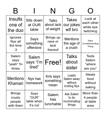 Lunch Bingo Card Bingo Card