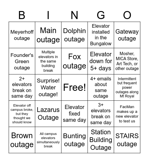 Elevators Bingo Card