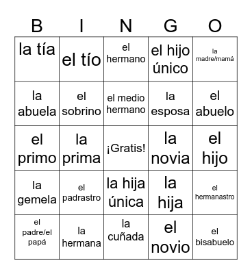 Spanish Family 1B Bingo Card