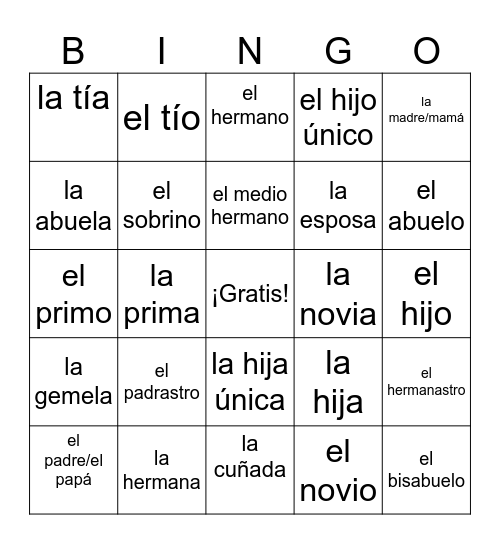 Spanish Family 1B Bingo Card