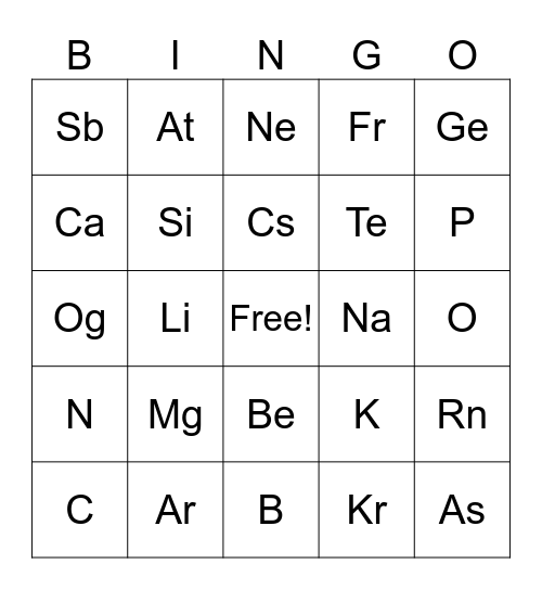 Elemental BINGO Card