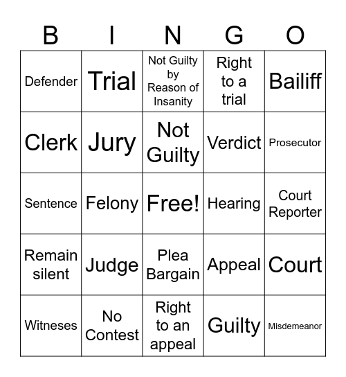 Court Education Bingo Card