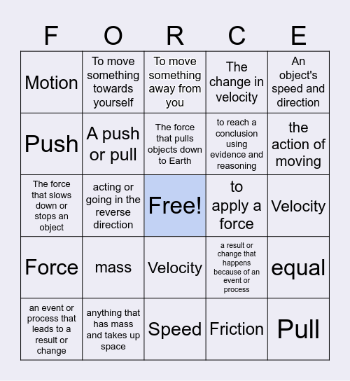 Force and Motion Bingo Card