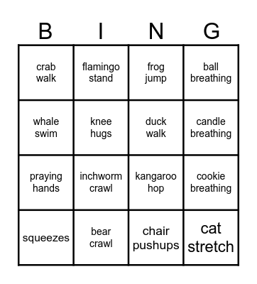 Animal Walks/Calming Exercises Bingo Card