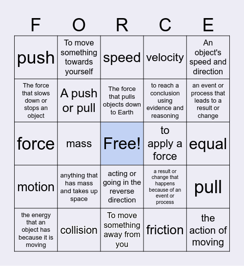 Force and Motion Bingo Card