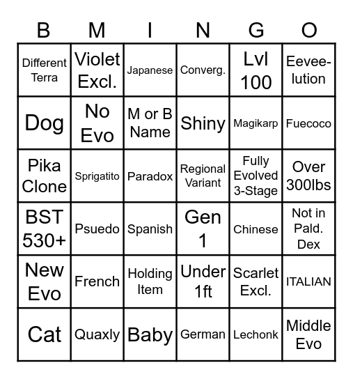 BMINGO Bingo Card