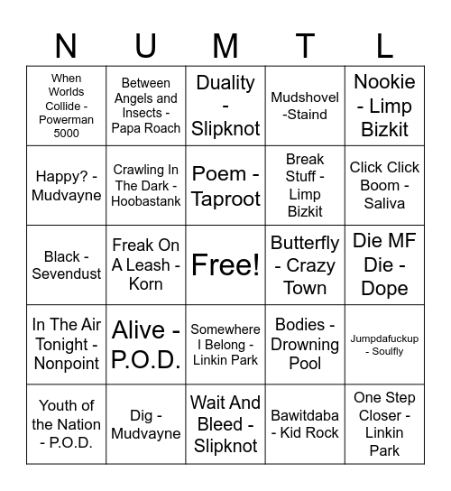 NuMetal Music Bingo Card